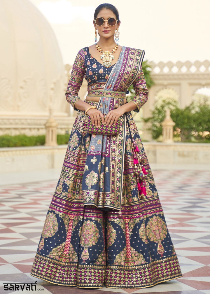 Navy Blue Embellished Rajwadi Silk Lehenga Choli with Aari Mirror Work - House of Sarvati LLC