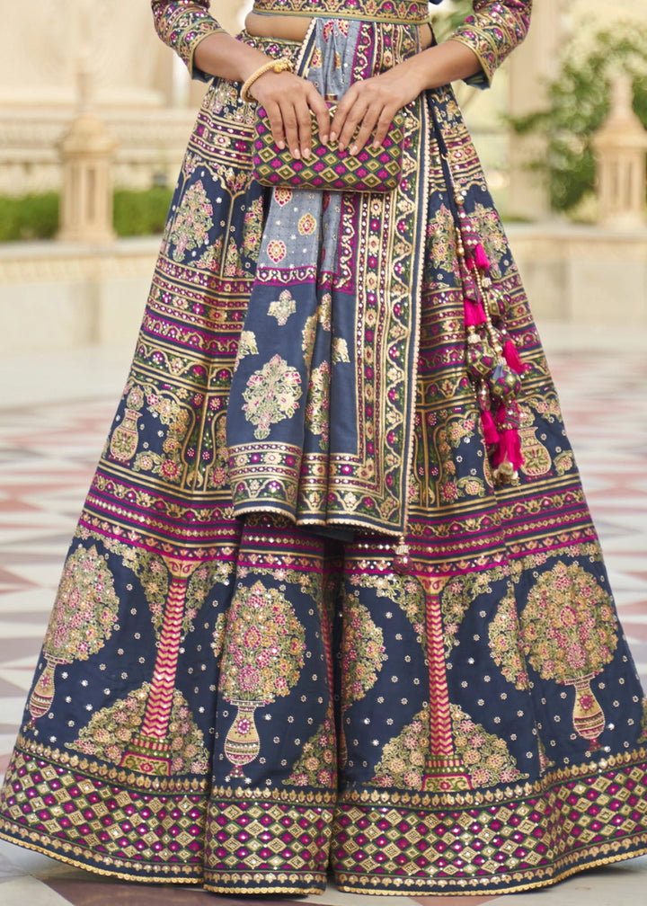Navy Blue Embellished Rajwadi Silk Lehenga Choli with Aari Mirror Work - House of Sarvati LLC