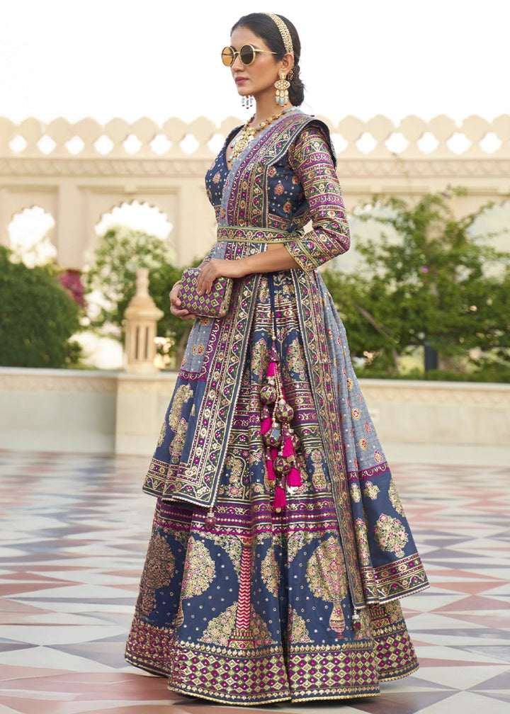 Navy Blue Embellished Rajwadi Silk Lehenga Choli with Aari Mirror Work - House of Sarvati LLC