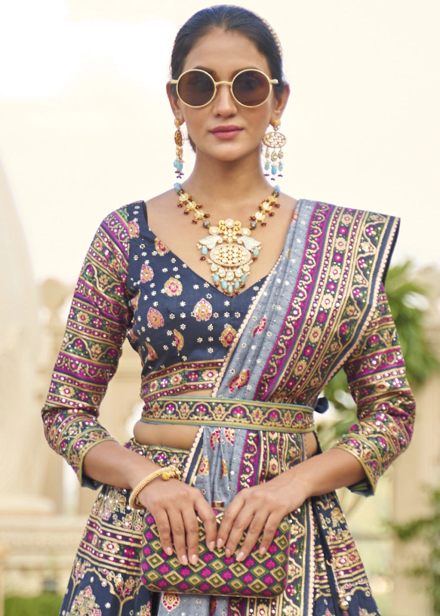 Navy Blue Embellished Rajwadi Silk Lehenga Choli with Aari Mirror Work - House of Sarvati LLC