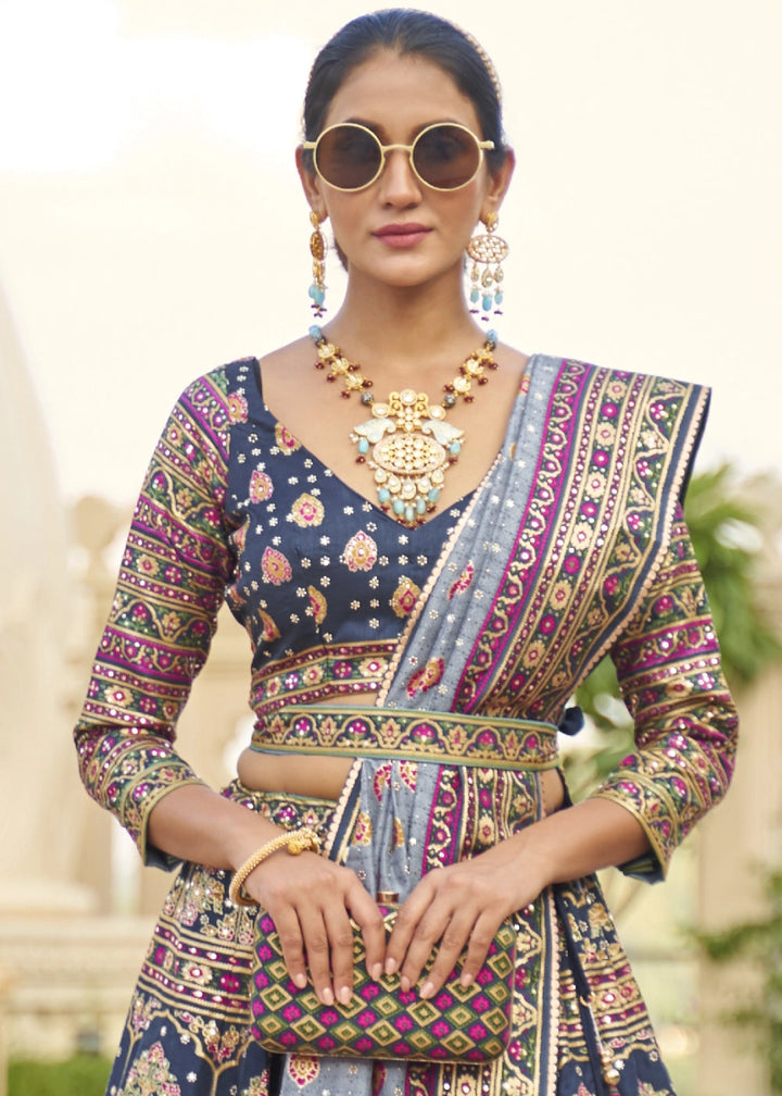 Navy Blue Embellished Rajwadi Silk Lehenga Choli with Aari Mirror Work - House of Sarvati LLC