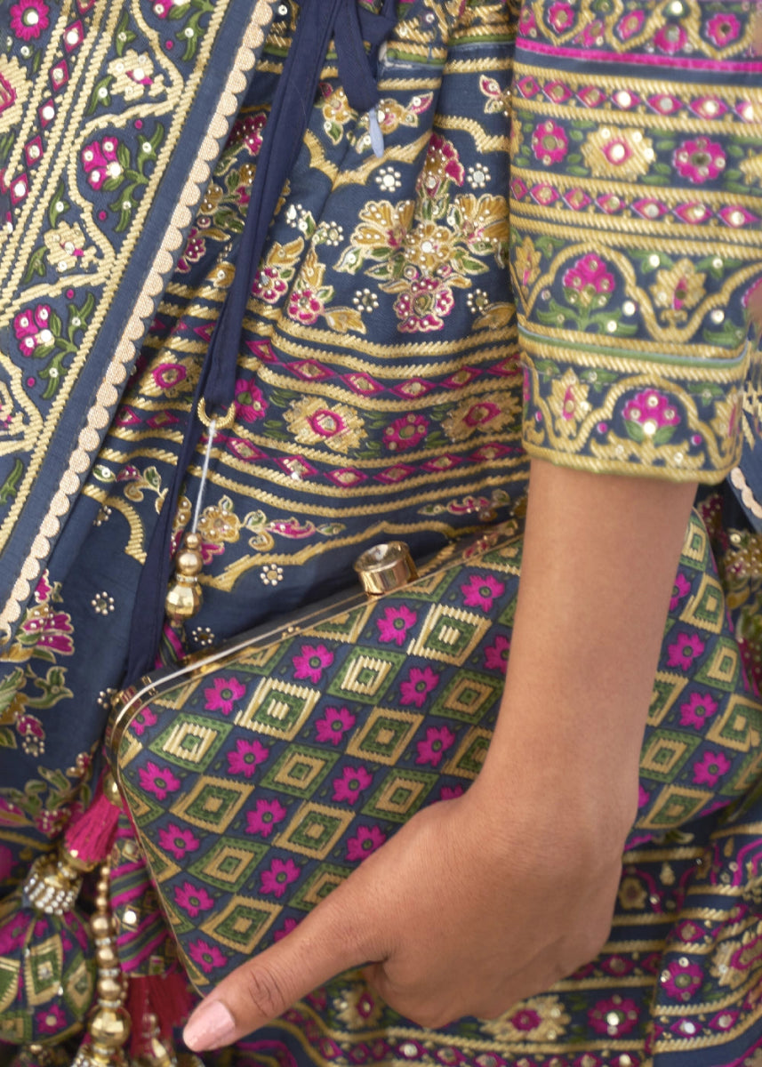Navy Blue Embellished Rajwadi Silk Lehenga Choli with Aari Mirror Work - House of Sarvati LLC