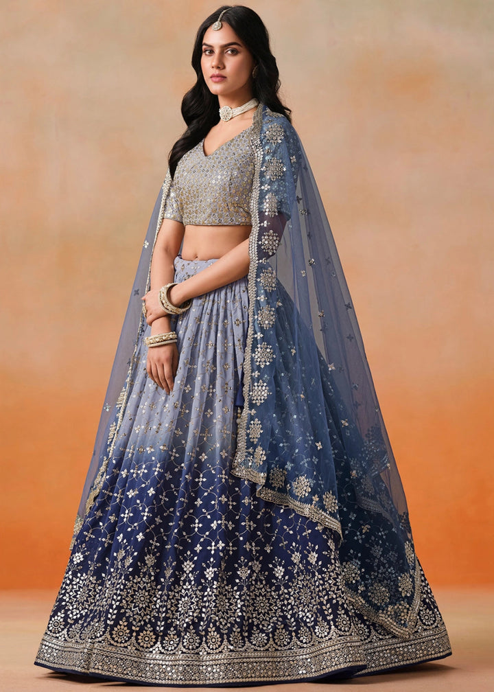 Navy Blue Lehenga Choli in Georgette with Sequin Zari Work - House of Sarvati LLC