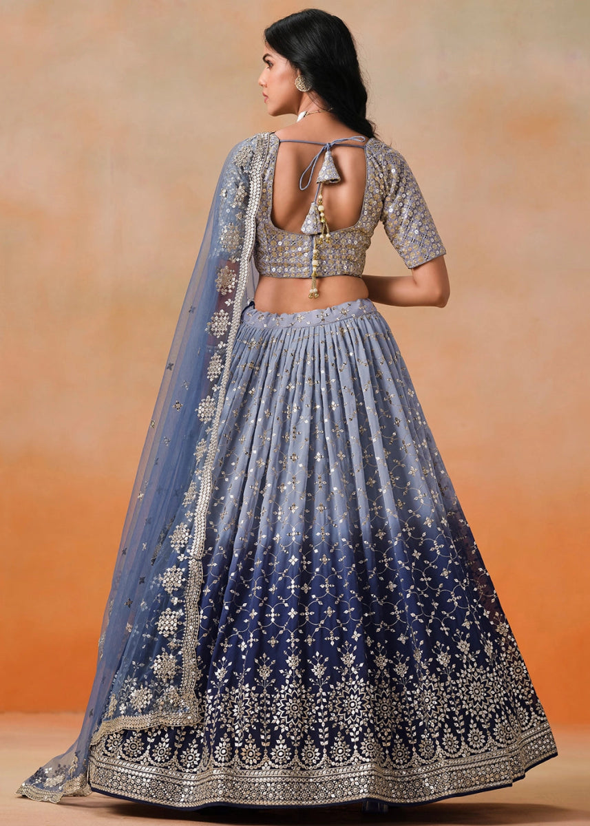 Navy Blue Lehenga Choli in Georgette with Sequin Zari Work - House of Sarvati LLC
