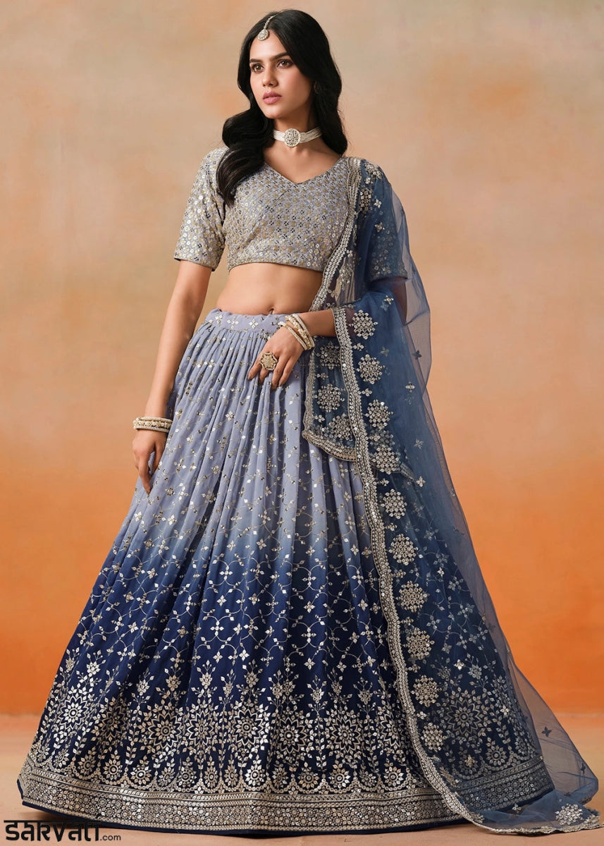 Navy Blue Lehenga Choli in Georgette with Sequin Zari Work - House of Sarvati LLC