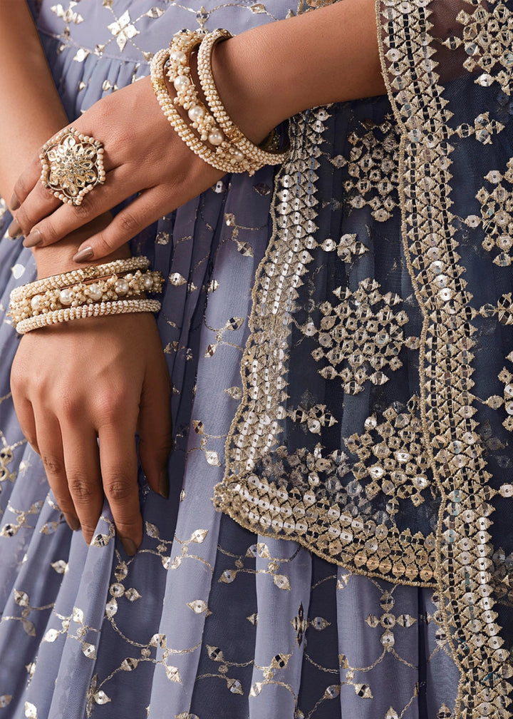 Navy Blue Lehenga Choli in Georgette with Sequin Zari Work - House of Sarvati LLC