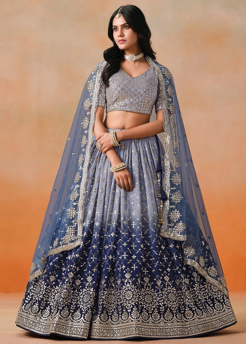 Navy Blue Lehenga Choli in Georgette with Sequin Zari Work - House of Sarvati LLC