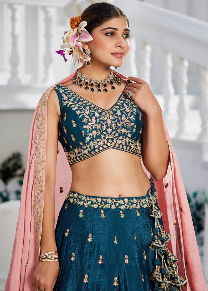 Navy Blue Lehenga Choli with Floral Sequin Detailing on Chiffon Silk - House of Sarvati LLC