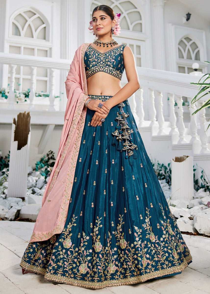 Navy Blue Lehenga Choli with Floral Sequin Detailing on Chiffon Silk - House of Sarvati LLC