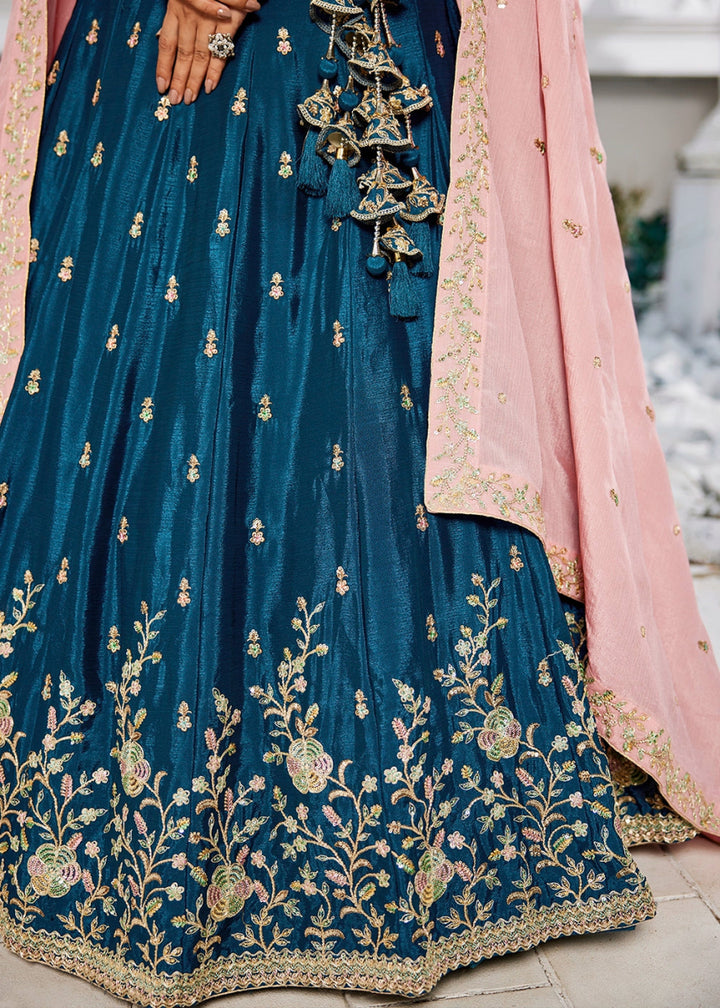 Navy Blue Lehenga Choli with Floral Sequin Detailing on Chiffon Silk - House of Sarvati LLC