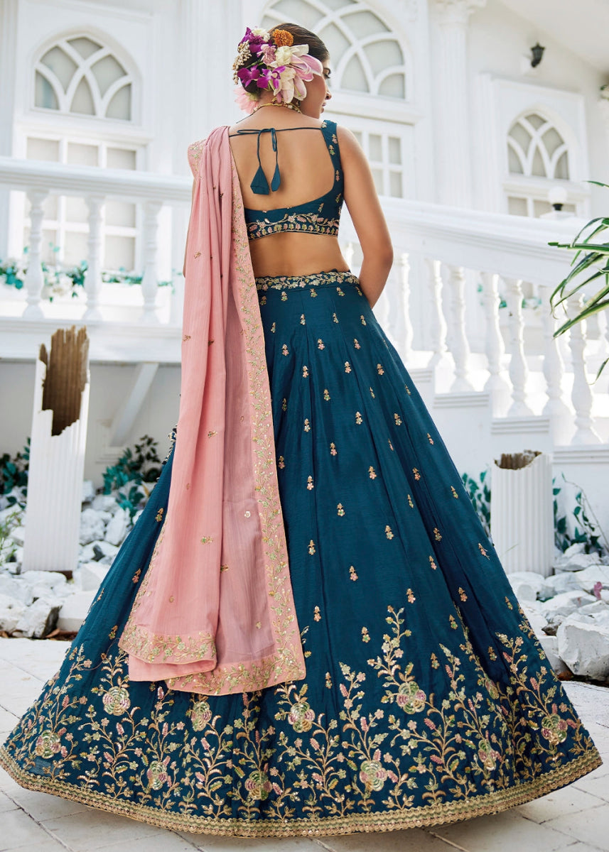 Navy Blue Lehenga Choli with Floral Sequin Detailing on Chiffon Silk - House of Sarvati LLC