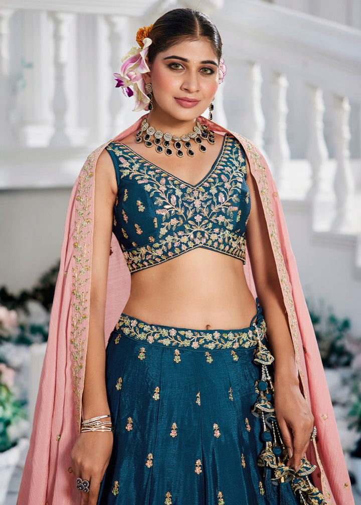 Navy Blue Lehenga Choli with Floral Sequin Detailing on Chiffon Silk - House of Sarvati LLC