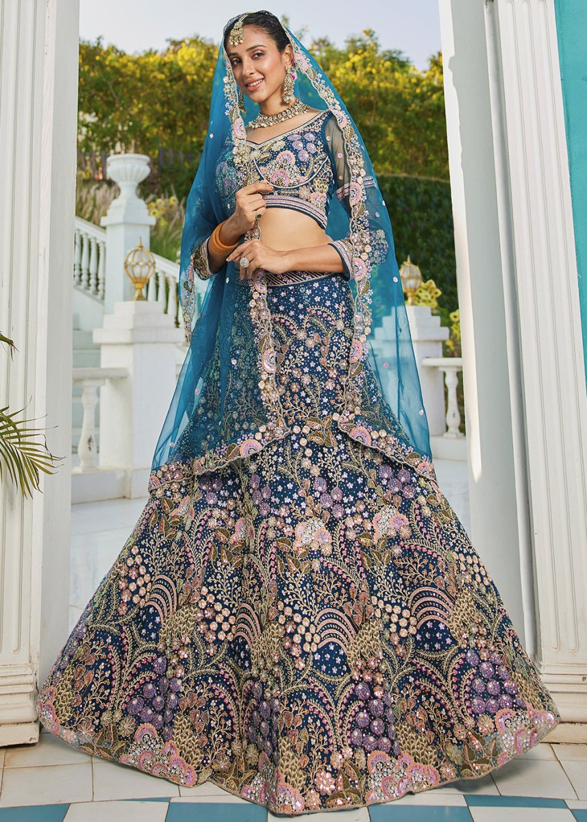 Navy Blue Net Lehenga Choli with Coding & Zarkan Work - House of Sarvati LLC