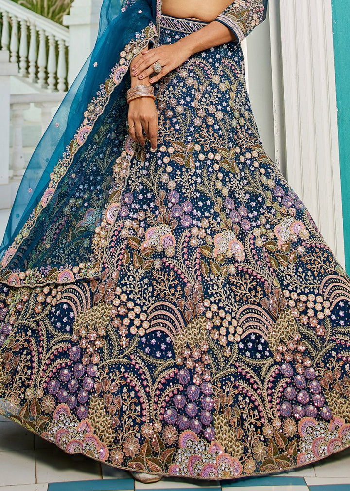 Navy Blue Net Lehenga Choli with Coding & Zarkan Work - House of Sarvati LLC