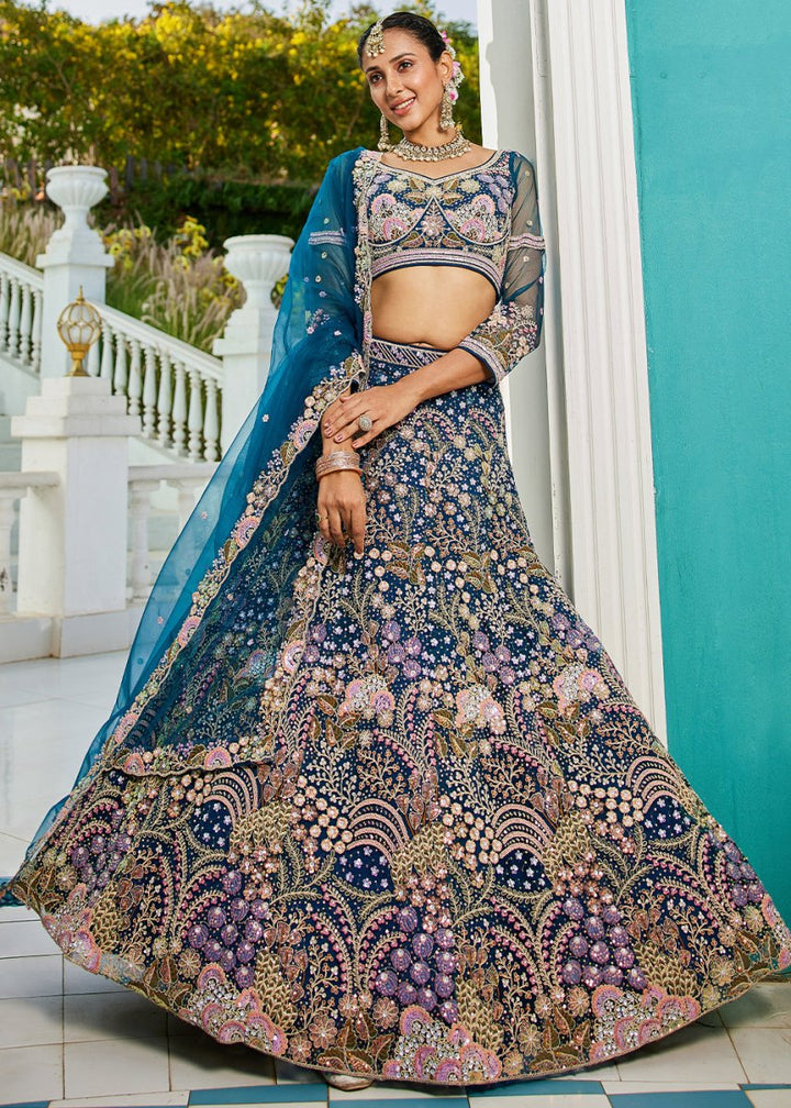Navy Blue Net Lehenga Choli with Coding & Zarkan Work - House of Sarvati LLC