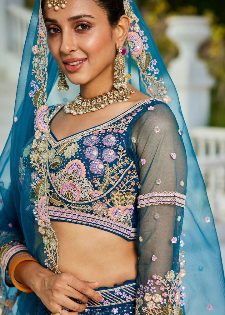 Navy Blue Net Lehenga Choli with Coding & Zarkan Work - House of Sarvati LLC