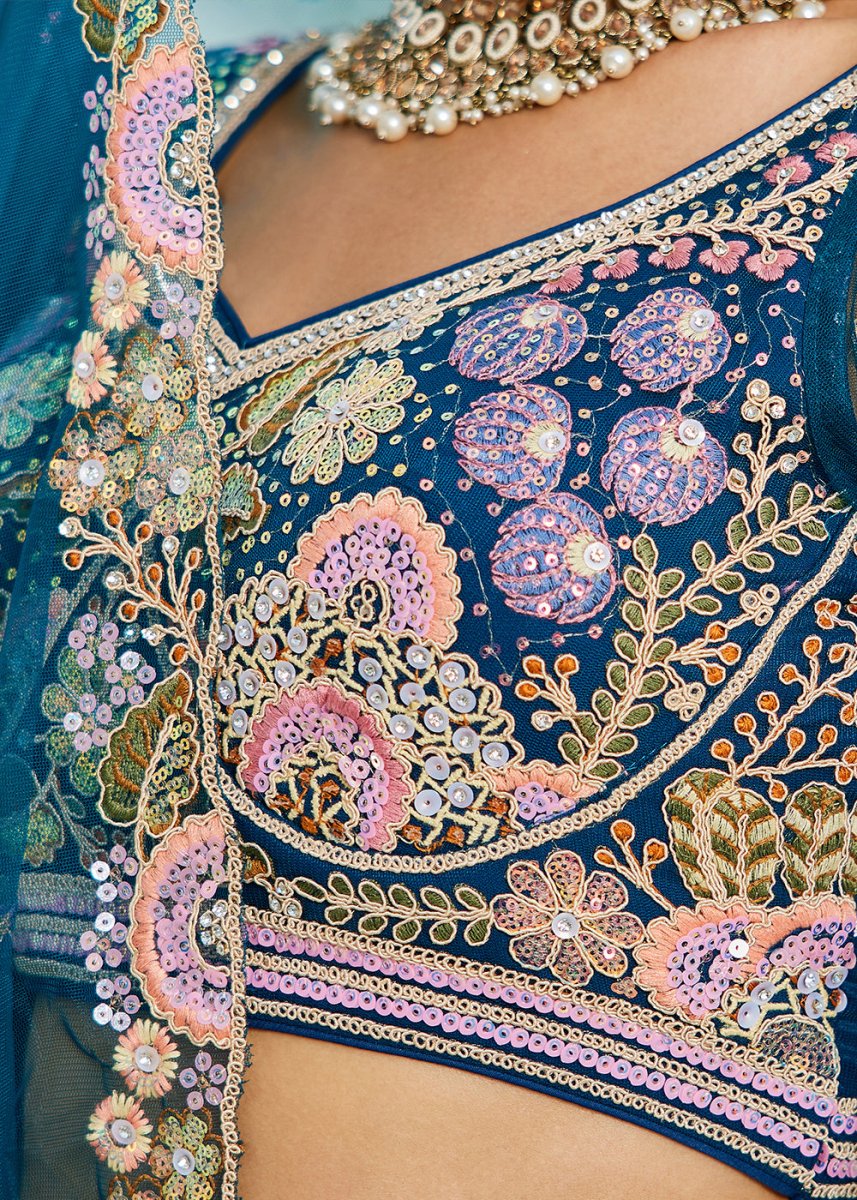 Navy Blue Net Lehenga Choli with Coding & Zarkan Work - House of Sarvati LLC