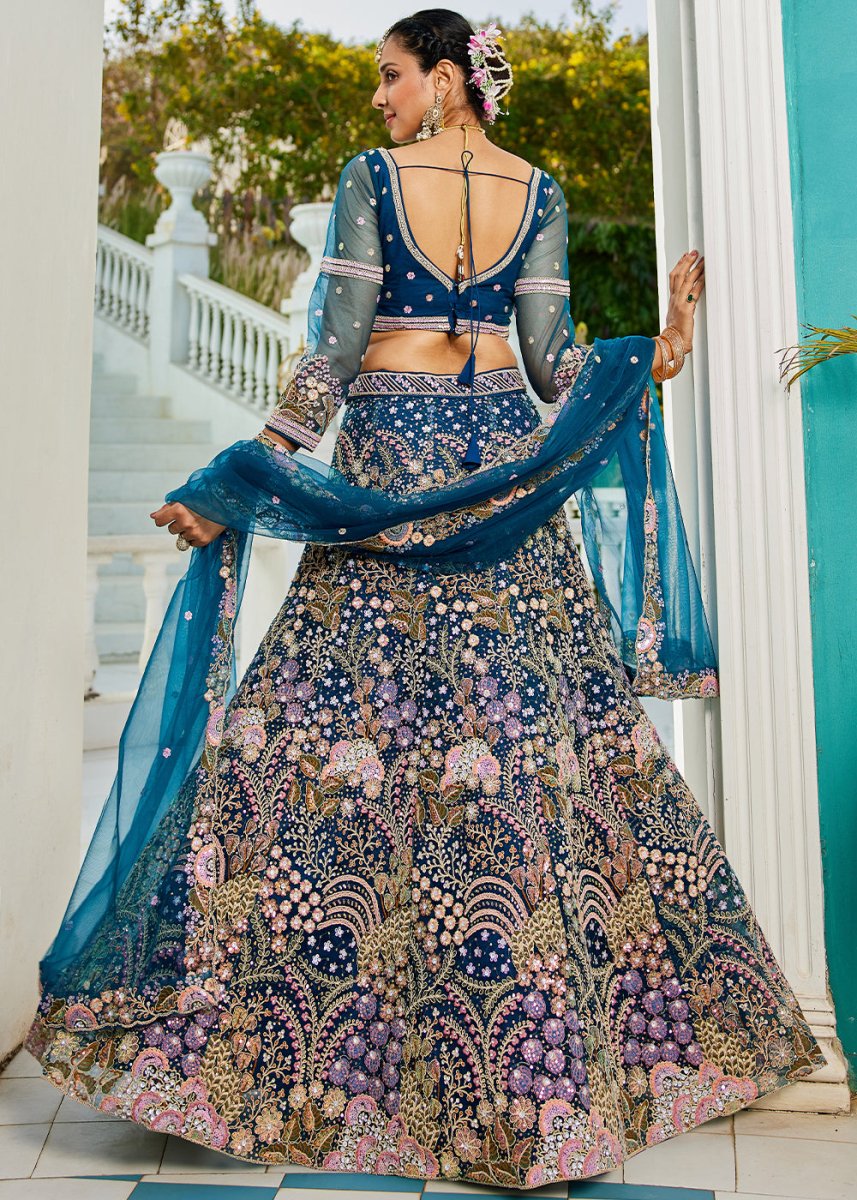 Navy Blue Net Lehenga Choli with Coding & Zarkan Work - House of Sarvati LLC