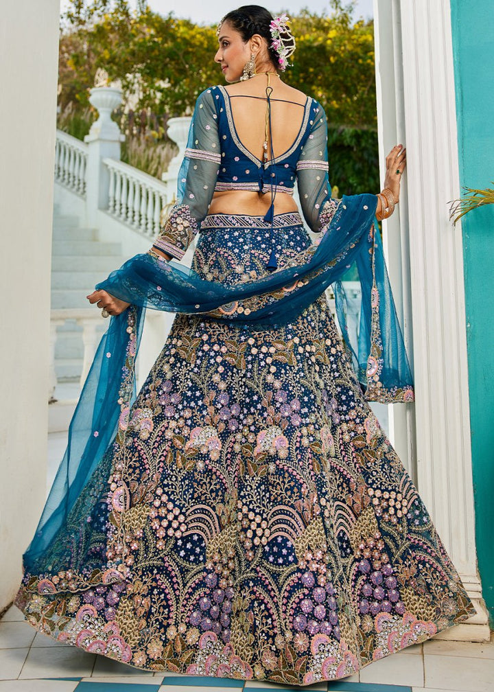 Navy Blue Net Lehenga Choli with Coding & Zarkan Work - House of Sarvati LLC