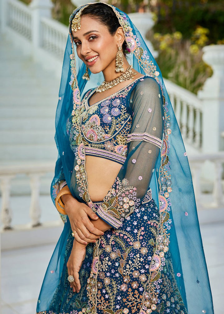 Navy Blue Net Lehenga Choli with Coding & Zarkan Work - House of Sarvati LLC