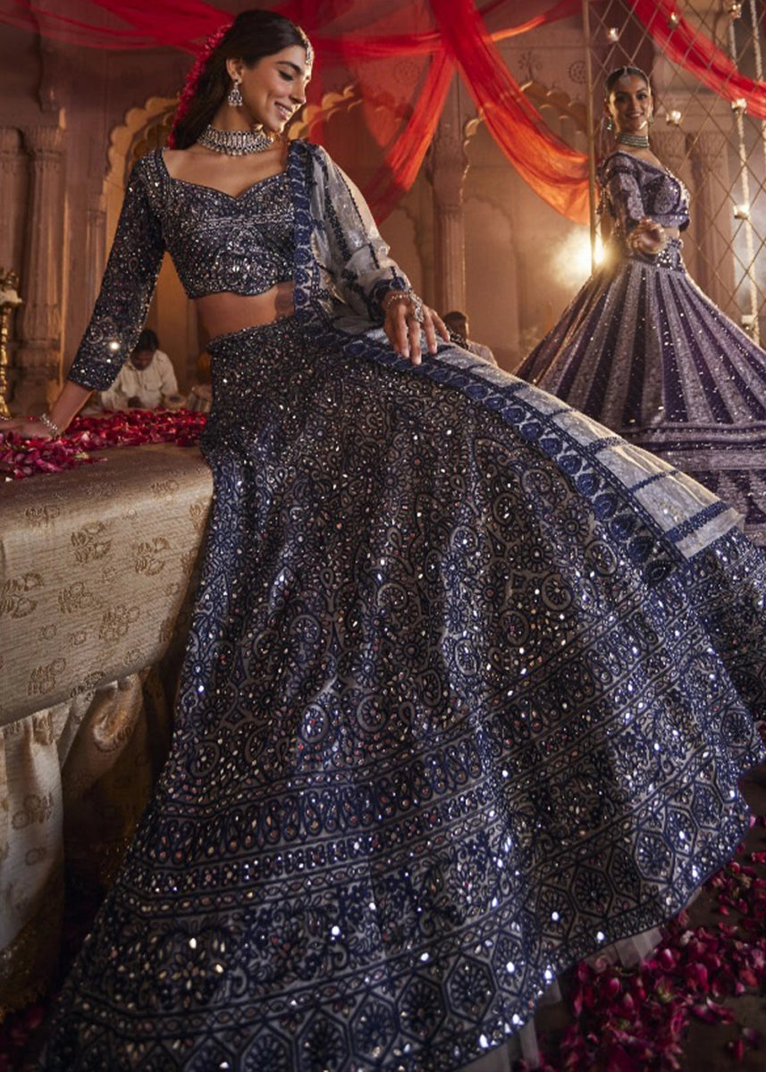 Navy Blue Net Lehenga Choli with Embroidery and Sparkling Sequins Work - House of Sarvati LLC