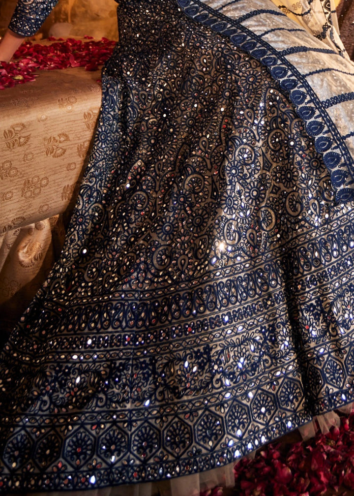 Navy Blue Net Lehenga Choli with Embroidery and Sparkling Sequins Work - House of Sarvati LLC
