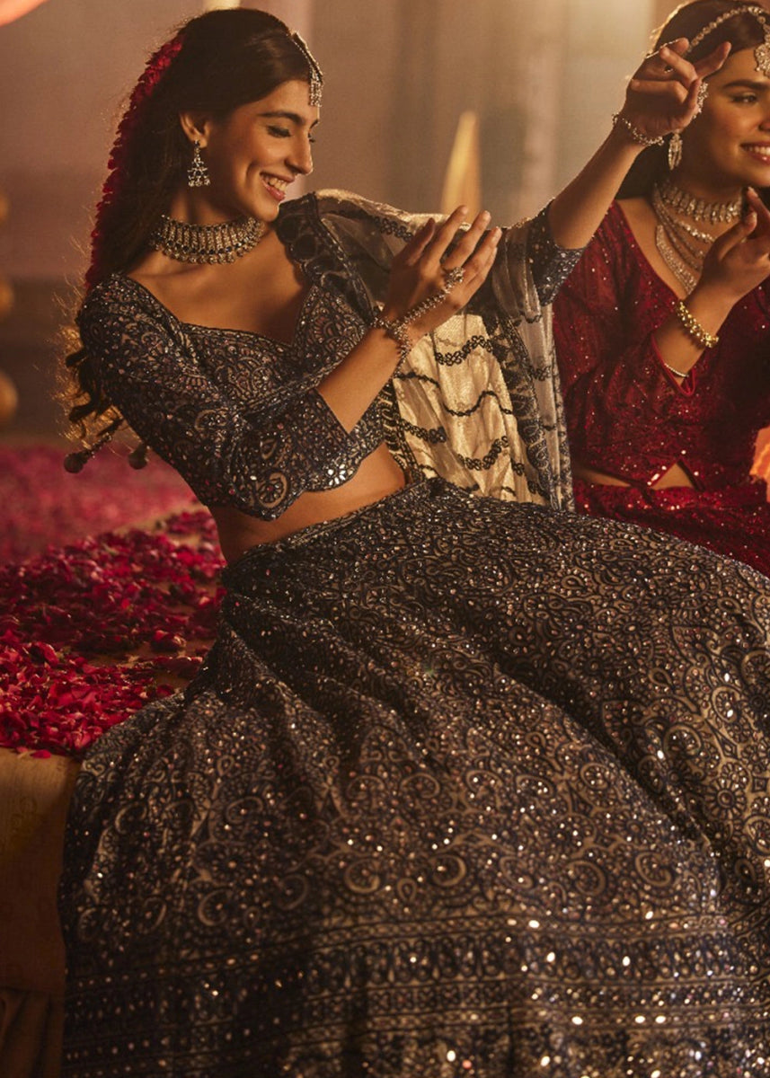 Navy Blue Net Lehenga Choli with Embroidery and Sparkling Sequins Work - House of Sarvati LLC