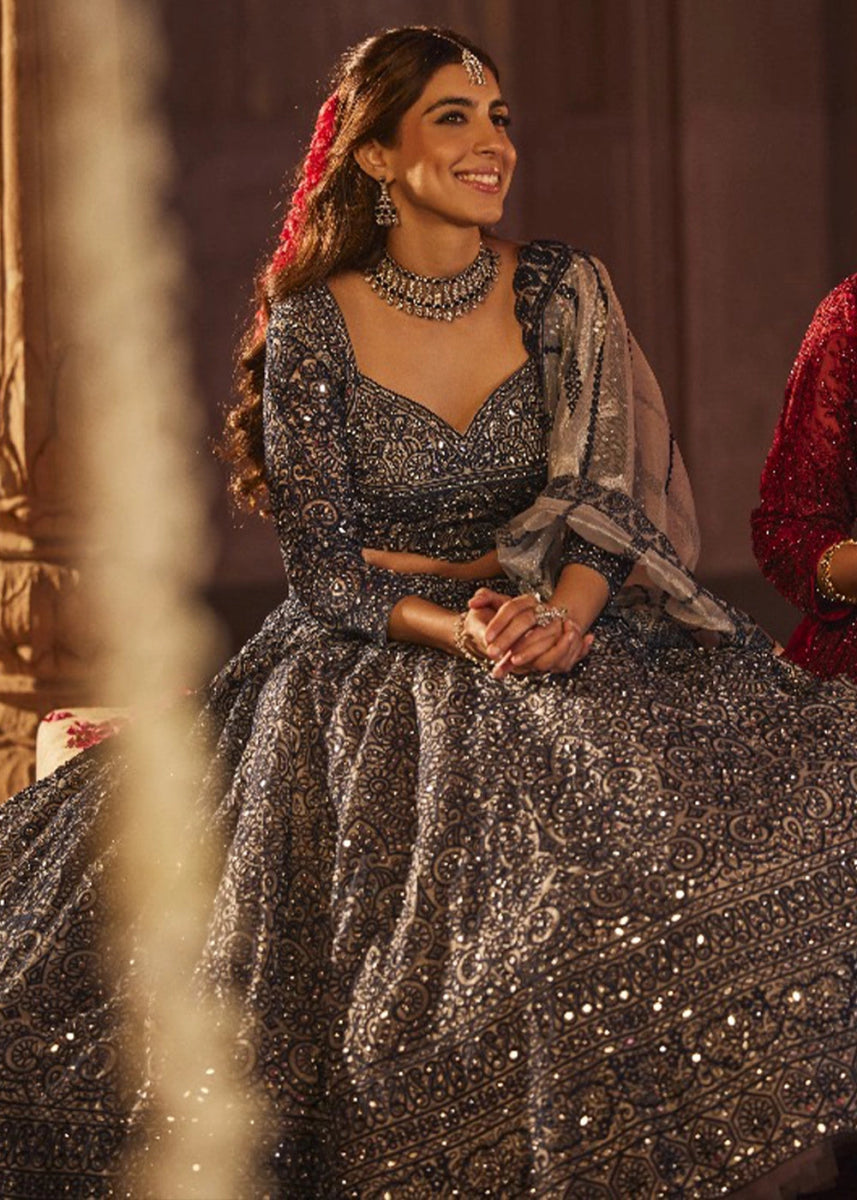 Navy Blue Net Lehenga Choli with Embroidery and Sparkling Sequins Work - House of Sarvati LLC