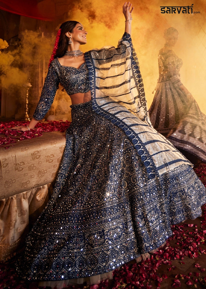 Navy Blue Net Lehenga Choli with Embroidery and Sparkling Sequins Work - House of Sarvati LLC