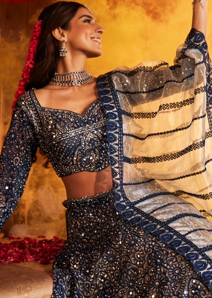 Navy Blue Net Lehenga Choli with Embroidery and Sparkling Sequins Work - House of Sarvati LLC