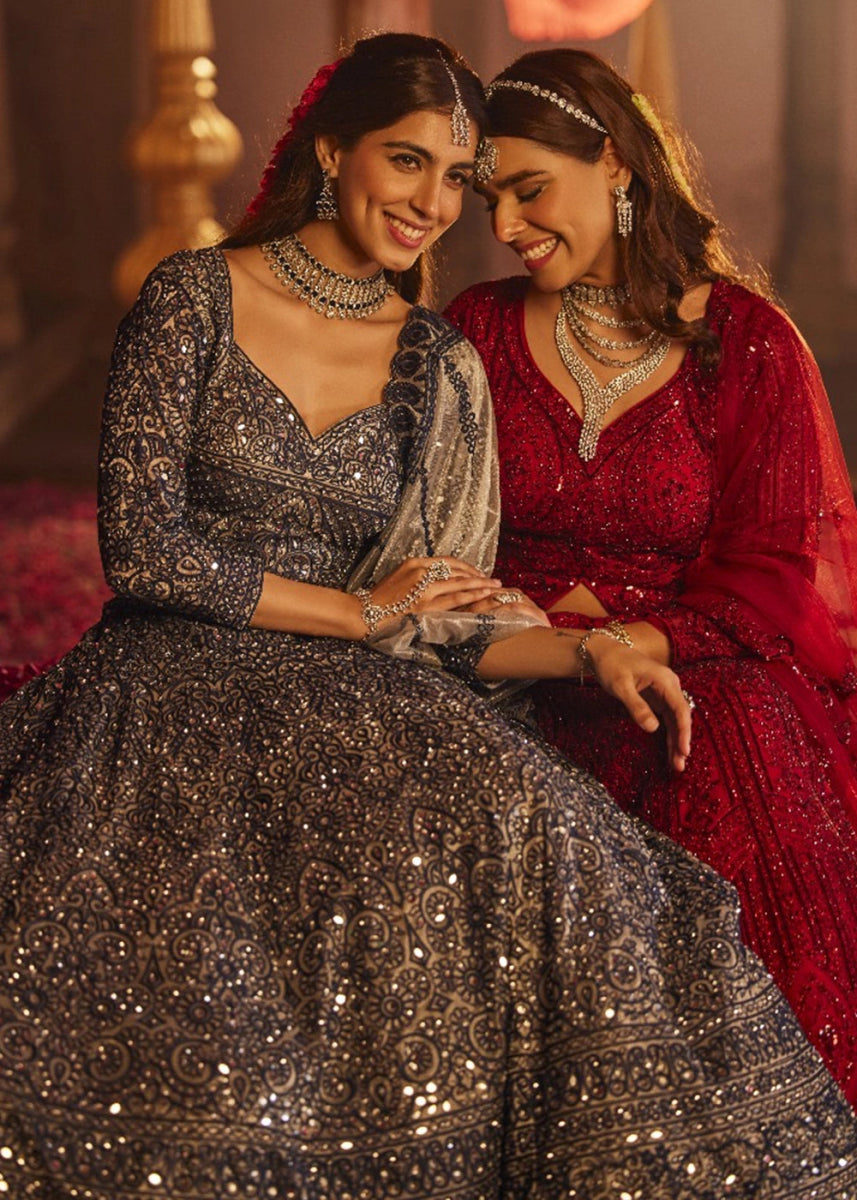 Navy Blue Net Lehenga Choli with Embroidery and Sparkling Sequins Work - House of Sarvati LLC
