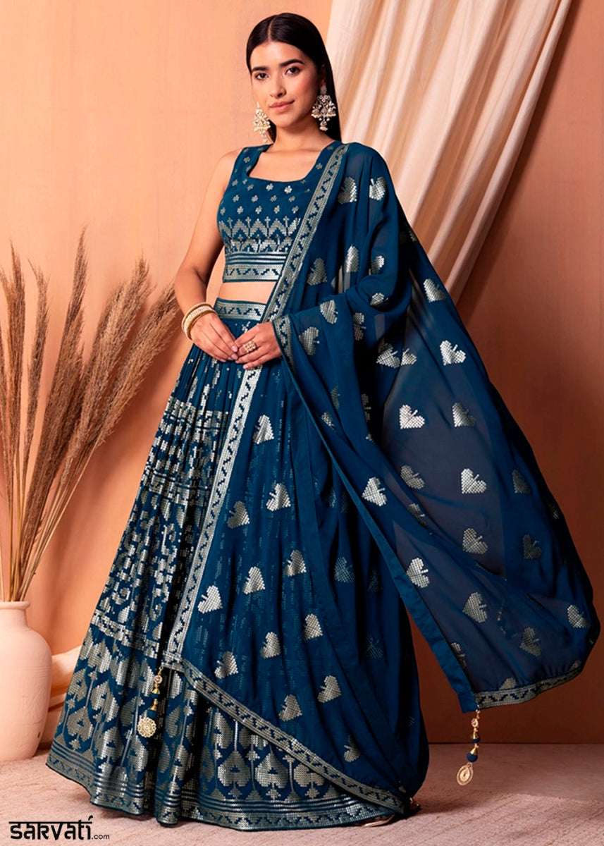 Navy Blue Net Lehenga Choli with Handcrafted Sequins – Bridesmaids & Festive Wear - House of Sarvati LLC
