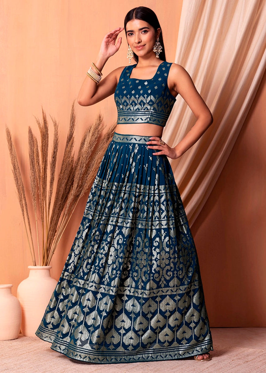 Navy Blue Net Lehenga Choli with Handcrafted Sequins – Bridesmaids & Festive Wear - House of Sarvati LLC