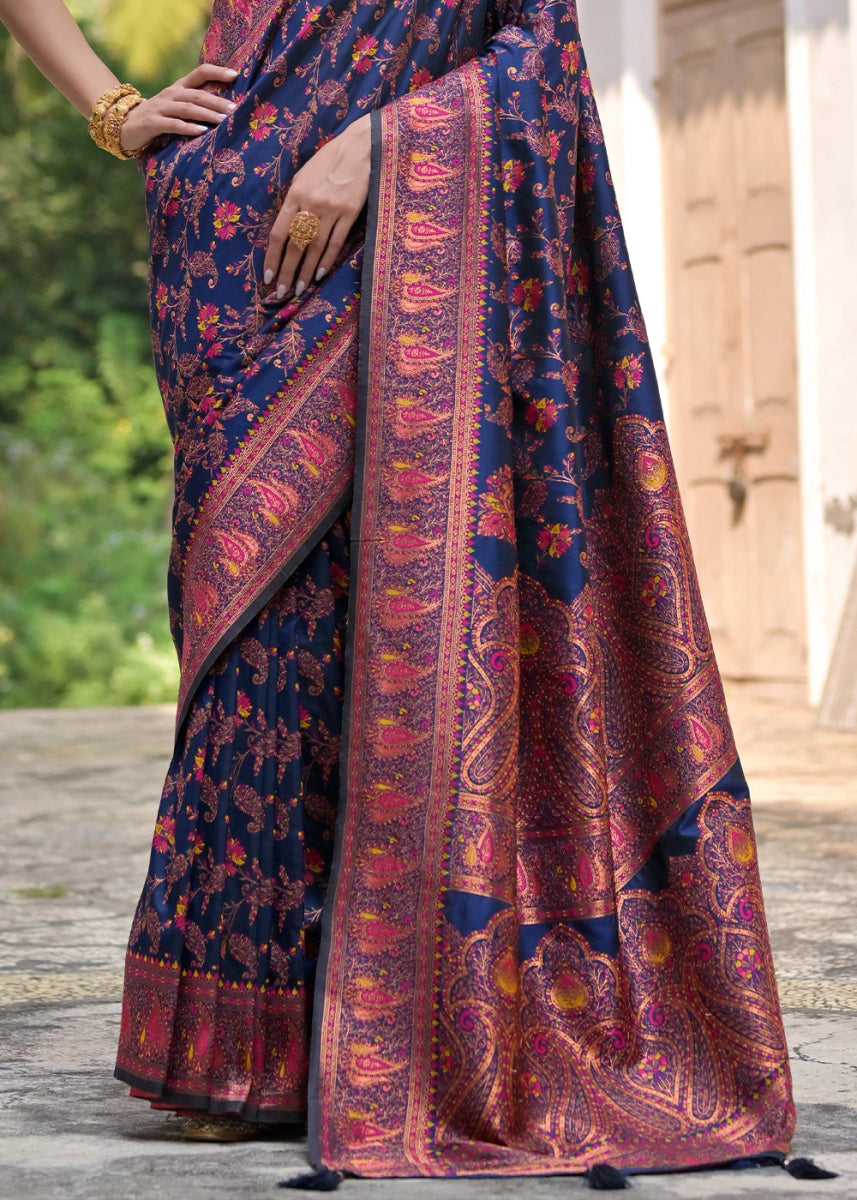 Navy Blue Silk Saree with Intricate Threadwork Floral Jaal - House of Sarvati LLC