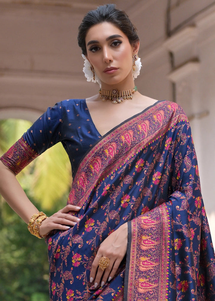 Navy Blue Silk Saree with Intricate Threadwork Floral Jaal - House of Sarvati LLC