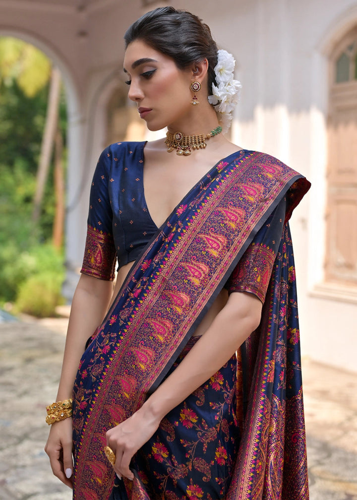 Navy Blue Silk Saree with Intricate Threadwork Floral Jaal - House of Sarvati LLC