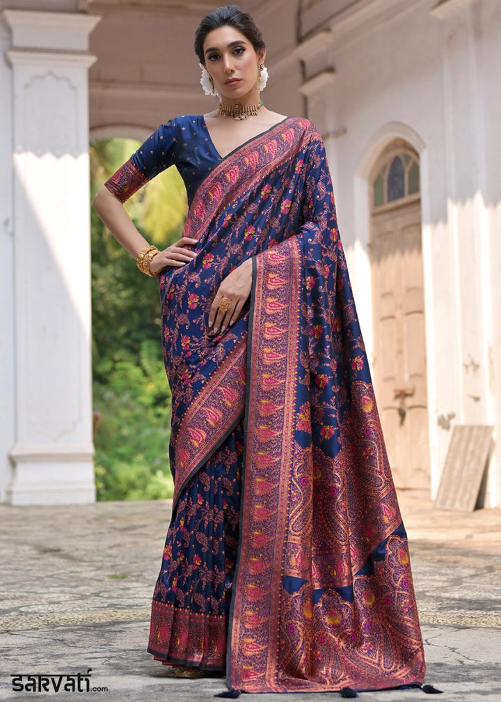 Navy Blue Silk Saree with Intricate Threadwork Floral Jaal - House of Sarvati LLC