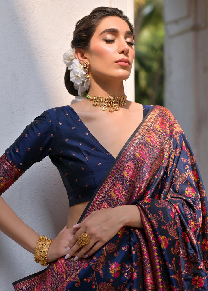 Navy Blue Silk Saree with Intricate Threadwork Floral Jaal - House of Sarvati LLC