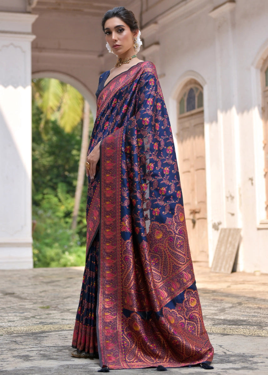 Navy Blue Silk Saree with Intricate Threadwork Floral Jaal - House of Sarvati LLC