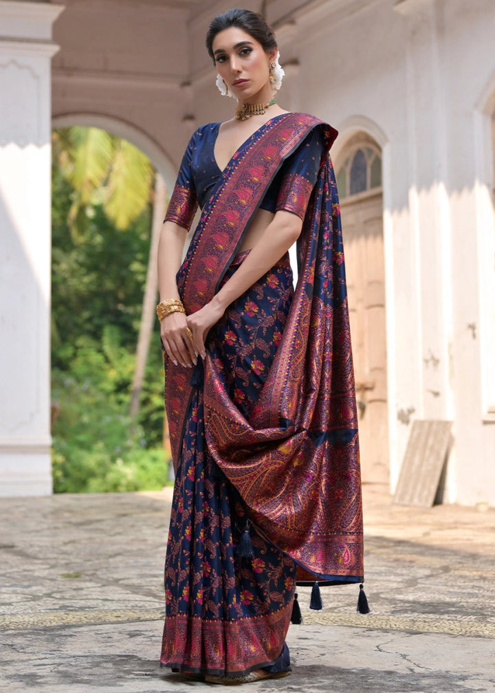 Navy Blue Silk Saree with Intricate Threadwork Floral Jaal - House of Sarvati LLC