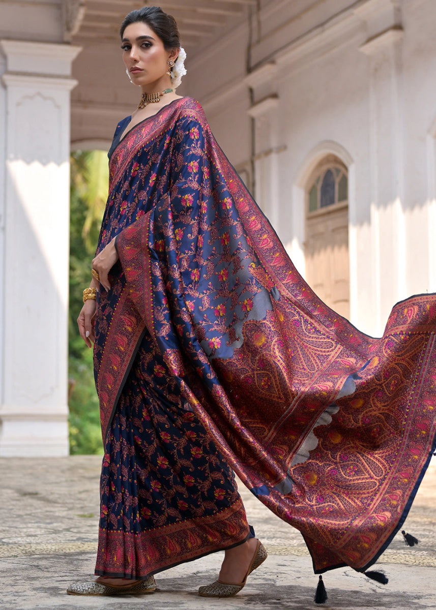 Navy Blue Silk Saree with Intricate Threadwork Floral Jaal - House of Sarvati LLC