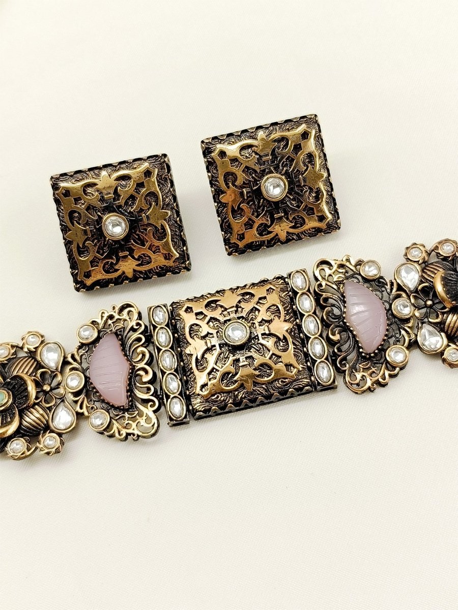 Neeshad Baby Pink Oxidized Choker Set - House of Sarvati LLC