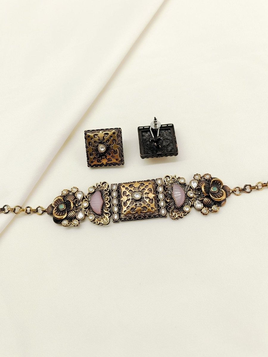 Neeshad Baby Pink Oxidized Choker Set - House of Sarvati LLC