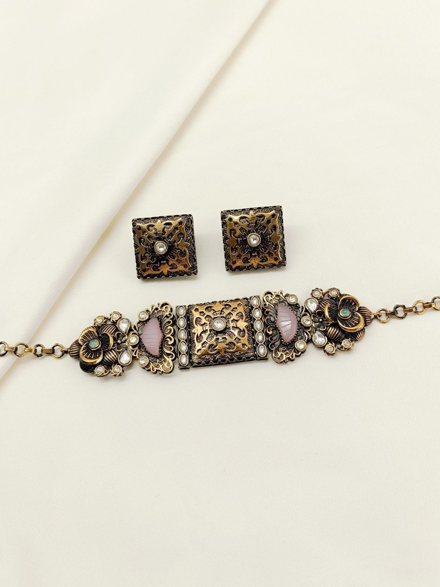 Neeshad Baby Pink Oxidized Choker Set - House of Sarvati LLC
