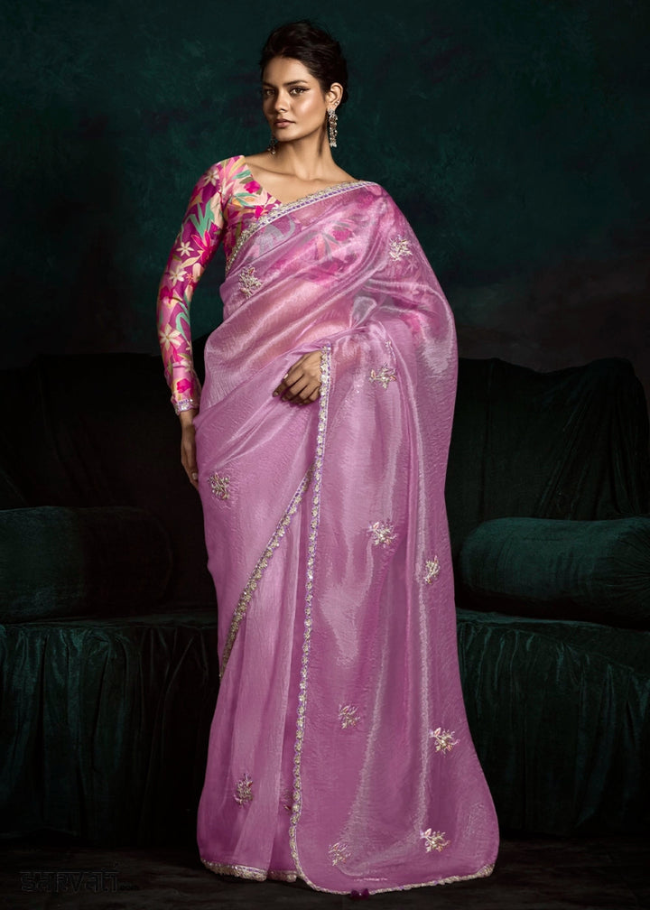 Neon Pink Tissue Saree with Dhaga,Thread & Sequin Embellishments - House of Sarvati LLC