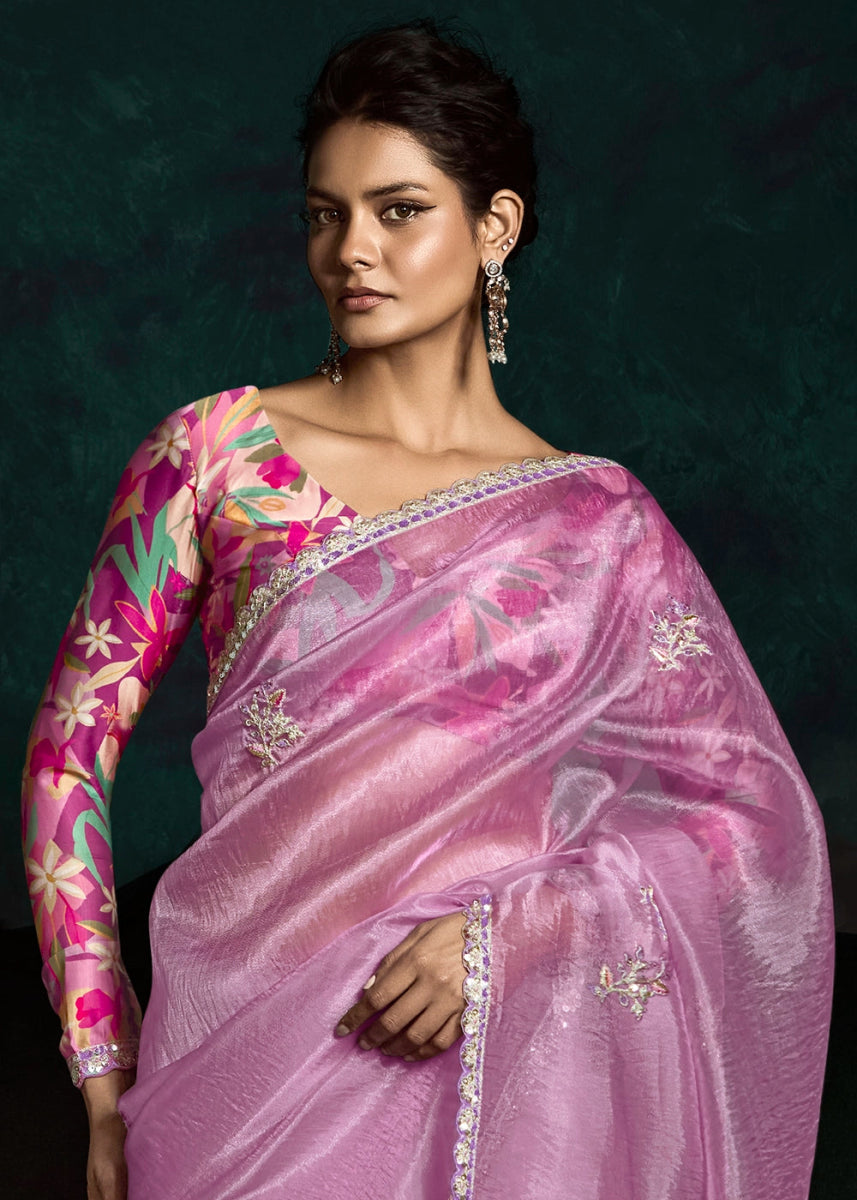 Neon Pink Tissue Saree with Dhaga,Thread & Sequin Embellishments - House of Sarvati LLC