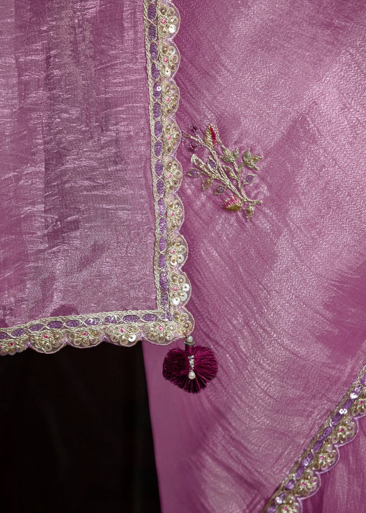 Neon Pink Tissue Saree with Dhaga,Thread & Sequin Embellishments - House of Sarvati LLC