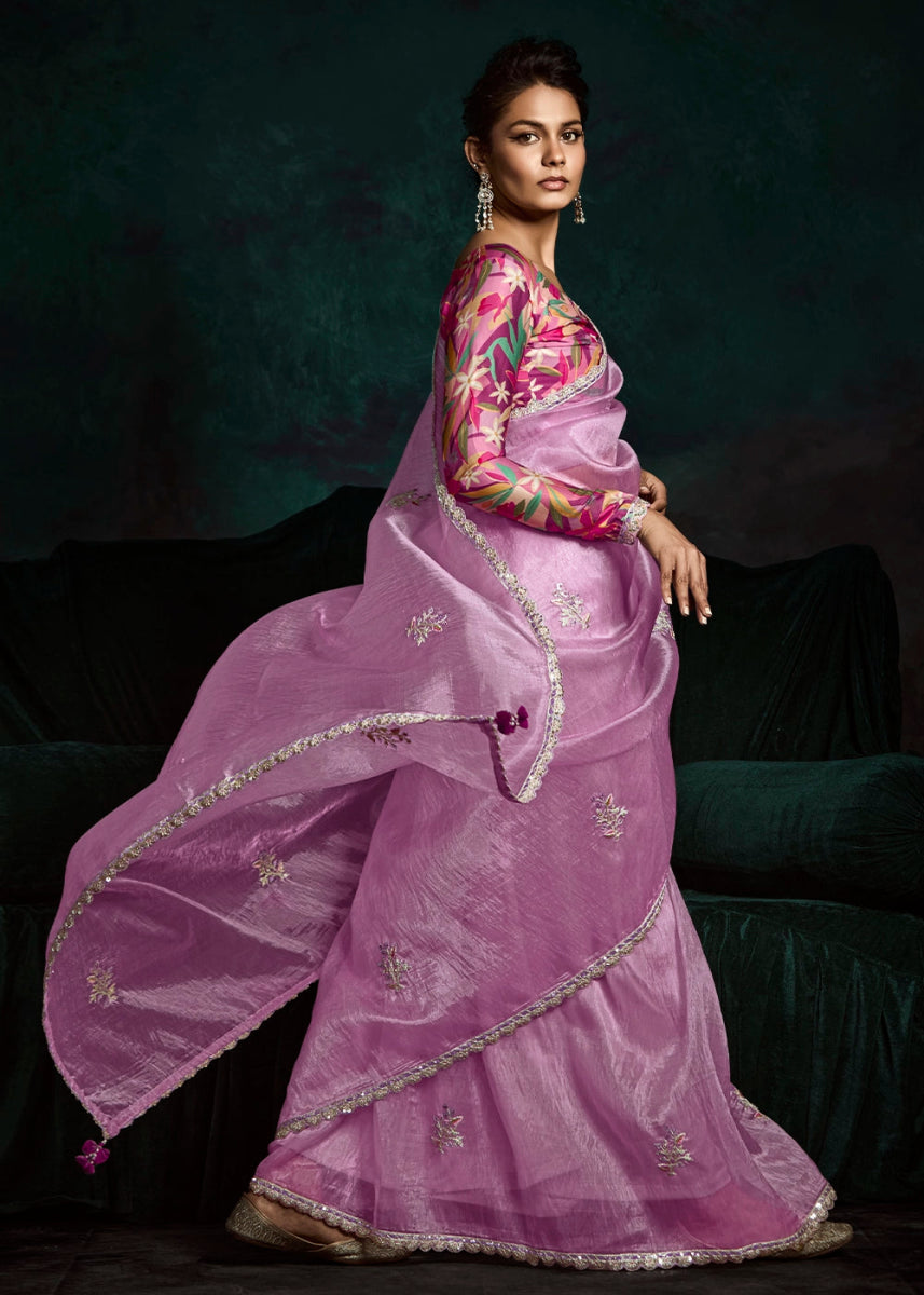 Neon Pink Tissue Saree with Dhaga,Thread & Sequin Embellishments - House of Sarvati LLC