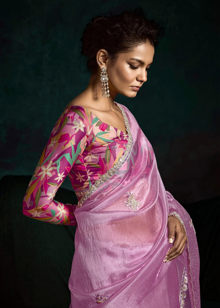 Neon Pink Tissue Saree with Dhaga,Thread & Sequin Embellishments - House of Sarvati LLC