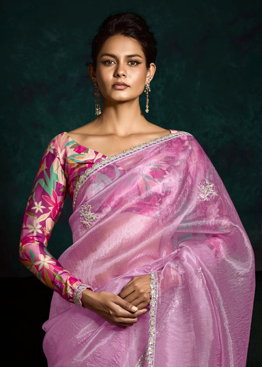 Neon Pink Tissue Saree with Dhaga,Thread & Sequin Embellishments - House of Sarvati LLC